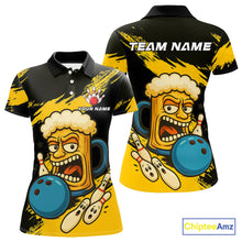 Load image into Gallery viewer, Black And Yellow Funny Beer Bowling Women Polo, 1/4 Zip Shirts Custom Angry Beer Glass Bowling Jersey NQS10784