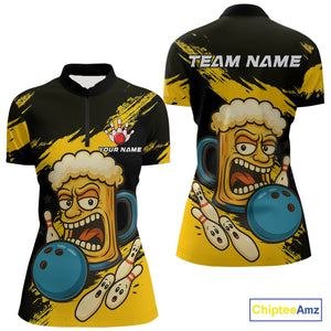 Black And Yellow Funny Beer Bowling Women Polo, 1/4 Zip Shirts Custom Angry Beer Glass Bowling Jersey NQS10784