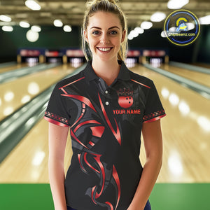 Black and Red crown Bowling ball Polo, Quarter Zip Shirts for Women Custom Bowling Team jerseys NQS10047