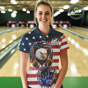 Vintage American Flag Eagle Bowling Polo,1/4 Zip Shirt for Women Custom Patriotic Team Bowling Jersey NQS10569