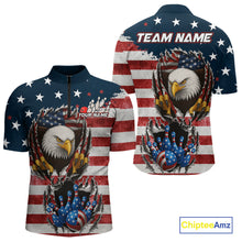 Load image into Gallery viewer, Vintage American Flag Eagle Bowling Polo, 1/4 Zip Shirt for Men Custom Patriotic Team Bowling Jersey NQS10569