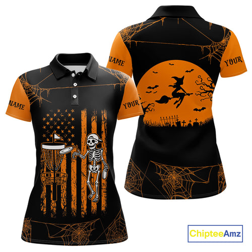 Black and Orange American Flag Halloween disc golf skull custom Women disc golf polo shirts NQS10785