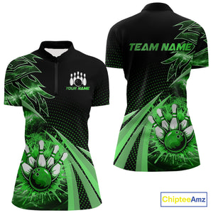 Black and Green Bowling Polo, 1/4 zip shirts For Women Custom Team Bowling Jerseys, Gift For Bowlers NQS10787