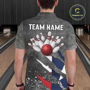 Gray Grunge Texas Flag Bowling Polo, Quarter Zip shirt for men Custom patriotic Team bowling jersey NQS10579