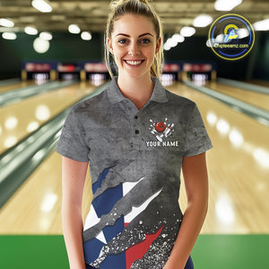 Gray Grunge Texas Flag Bowling Polo, Quarter Zip shirt for Women Custom patriotic Team bowling jersey NQS10579