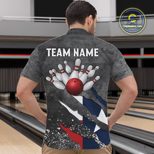 Gray Grunge Texas Flag Bowling Polo, Quarter Zip shirt for men Custom patriotic Team bowling jersey NQS10579