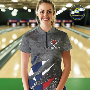 Gray Grunge Texas Flag Bowling Polo, Quarter Zip shirt for Women Custom patriotic Team bowling jersey NQS10579