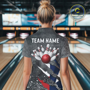 Gray Grunge Texas Flag Bowling Polo, Quarter Zip shirt for Women Custom patriotic Team bowling jersey NQS10579