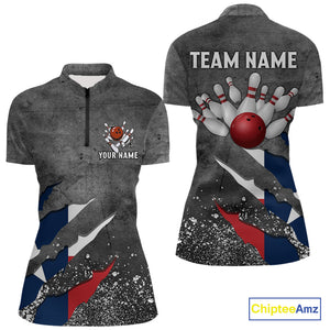 Gray Grunge Texas Flag Bowling Polo, Quarter Zip shirt for Women Custom patriotic Team bowling jersey NQS10579