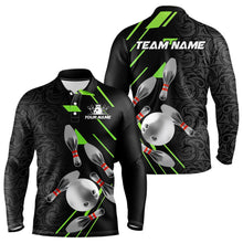 Load image into Gallery viewer, Silver Bowling Ball pins Team bowling shirts for Men custom bowling Polo, Quarter zip jersey | Green NQS9628