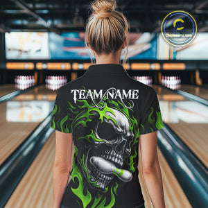 Custom Black and Green Flame Skull Bowling Shirts For Women, Personalized Skull Team Bowling Jersey NQS10793