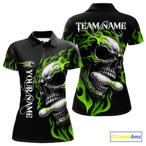 Custom Black and Green Flame Skull Bowling Shirts For Women, Personalized Skull Team Bowling Jersey NQS10793