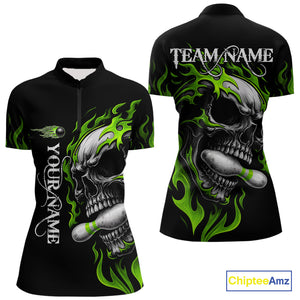 Custom Black and Green Flame Skull Bowling Shirts For Women, Personalized Skull Team Bowling Jersey NQS10793
