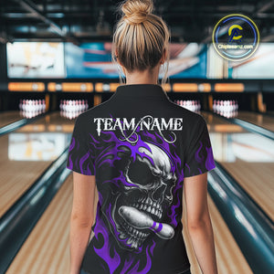 Custom Black and Purple Flame Skull Bowling Shirts For Women, Personalized Skull Team Bowling Jersey NQS10794