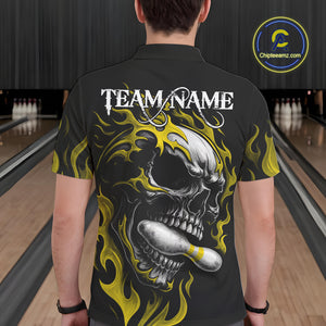 Custom Black and Gold Flame Skull Bowling Shirts For Men, Personalized Skull Team Bowling Jersey NQS10795