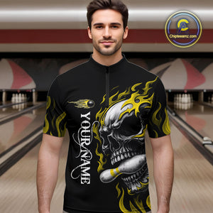 Custom Black and Gold Flame Skull Bowling Shirts For Men, Personalized Skull Team Bowling Jersey NQS10795