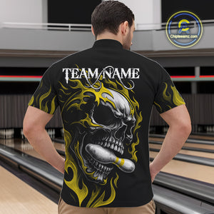 Custom Black and Gold Flame Skull Bowling Shirts For Men, Personalized Skull Team Bowling Jersey NQS10795