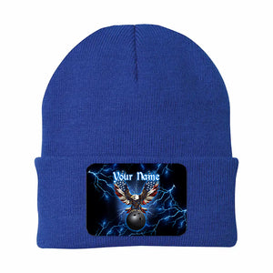 Blue lightning thunder bowling American flag Eagle custom Rectangle Patch Bowling Knit Beanie Hat NQS10800
