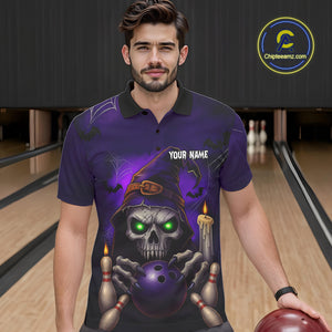 Custom Purple Skull Halloween Bowling Polo, Quarter Zip Shirts For Men, Skull Team Bowling Jersey NQS10803