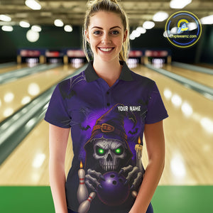 Custom Purple Skull Halloween Bowling Polo, Quarter Zip Shirts For Women, Skull Team Bowling Jersey NQS10803