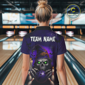 Custom Purple Skull Halloween Bowling Polo, Quarter Zip Shirts For Women, Skull Team Bowling Jersey NQS10803