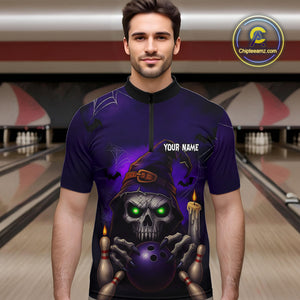 Custom Purple Skull Halloween Bowling Polo, Quarter Zip Shirts For Men, Skull Team Bowling Jersey NQS10803