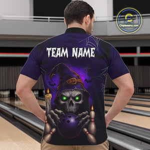 Custom Purple Skull Halloween Bowling Polo, Quarter Zip Shirts For Men, Skull Team Bowling Jersey NQS10803