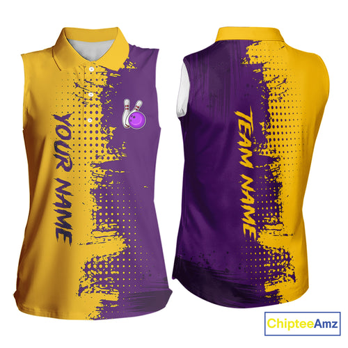 Yellow and Purple Bowling sleeveless polo shirt for Women Custom Bowling Team Jerseys NQS10222