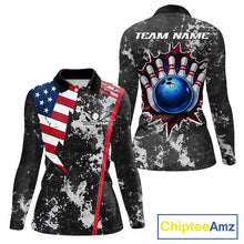 Load image into Gallery viewer, American Flag grunge Women Bowling polo shirts, 1/4 zip shirt Custom patriotic team bowling jerseys NQS11405
