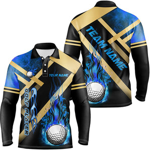 Mens golf polo shirts custom blue flame golf ball fire golf apparel for men, personalized golf gifts NQS7999