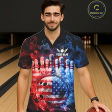 Load image into Gallery viewer, Smoke American Flag Bowling ball &amp; pins Bowling Button-up Shirts Custom patriotic Team Bowling Jersey NQS11606