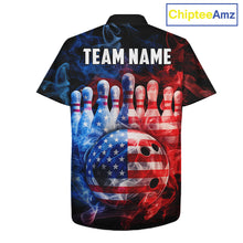 Load image into Gallery viewer, Smoke American Flag Bowling ball &amp; pins Bowling Button-up Shirts Custom patriotic Team Bowling Jersey NQS11606