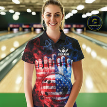 Load image into Gallery viewer, Smoke American Flag Bowling ball &amp; pins Bowling Shirts for Women Custom patriotic Team Bowling Jersey NQS11606