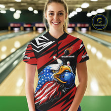 Load image into Gallery viewer, Custom Black and Red Camo American Flag Eagle Bowling shirts for Women, patriotic bowling team shirts NQS11609