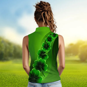 Green shamrock Lucky Women sleeveless polo golf shirts Custom St Patrick Day golf apparel for ladies NQS9485