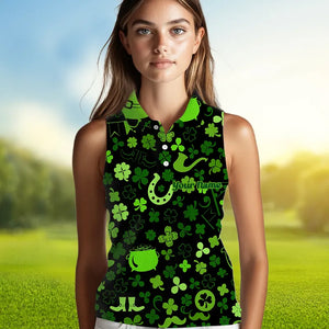 Green shamrock St Patrick Day pattern Lucky sleeveless polo golf shirts Custom St Patrick golf attire NQS9649