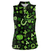 Load image into Gallery viewer, Green shamrock St Patrick Day pattern Lucky sleeveless polo golf shirts Custom St Patrick golf attire NQS9649