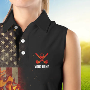 Flame Golf ball vintage American Flag Women Sleeveless Golf polo shirts Custom patriotic golf attire NQS9650