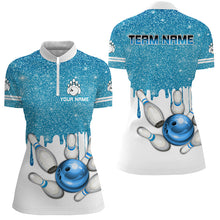 Load image into Gallery viewer, Blue glitter Bowling Shirts For Women Custom team bowling jerseys, Personalized bowling uniform NQS8657