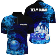 Load image into Gallery viewer, Blue Flame Fire Bowling Polo, Quarter Zip Shirt For Men Custom team bowling jerseys, Gift for Bowlers NQS8447
