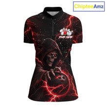 Load image into Gallery viewer, Custom Black And Red Lightning Thunder Skull Reaper Bowling Shirts For Women, Bowling Team Jerseys NQS11623
