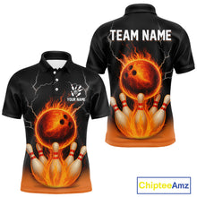 Load image into Gallery viewer, Custom Black and Orange Flame Lightning Bowling Polo, Quarter Zip Shirt For Men, Team Bowling Outfit NQS10855