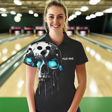 Load image into Gallery viewer, Black and Blue Skull Women's Bowling Polo, Quarter Zip shirts Custom Skull Team Bowling Jersey NQS9361