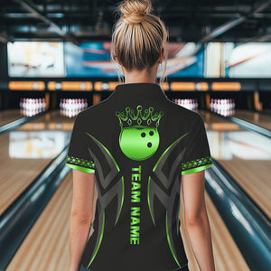 Black and Green crown Bowling ball Polo, Quarter Zip Shirts for Women Custom Bowling Team jerseys NQS9502