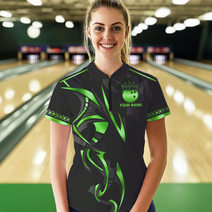 Black and Green crown Bowling ball Polo, Quarter Zip Shirts for Women Custom Bowling Team jerseys NQS9502