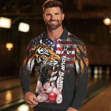 Load image into Gallery viewer, Smoke American Flag Tiger Bowling Polo, 1/4 Zip Shirts for Men Custom patriotic Team Bowling jerseys NQS9672