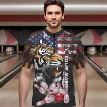 Load image into Gallery viewer, Smoke American Flag Tiger Bowling Polo, 1/4 Zip Shirts for Men Custom patriotic Team Bowling jerseys NQS9672