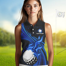 Load image into Gallery viewer, Black &amp; Blue Golf ball Flame Women Sleeveless Polo Shirt Custom ladies golf clothing, best golf gift NQS10864