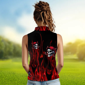 Red Flame Skull Women sleeveless polo shirt custom skull fire golf apparel for ladies NQS9515