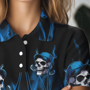 Blue Flame Skull Women golf polo shirts custom skull fire golf apparel for ladies NQS9516
